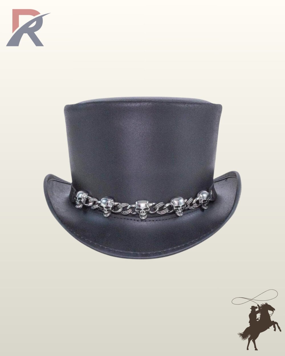 Gothic victorian style black leather top hat displaying a flat crown top, upturned side brims, and polished silver skull hardware.