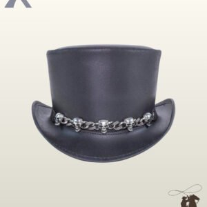 Gothic victorian style black leather top hat displaying a flat crown top, upturned side brims, and polished silver skull hardware.