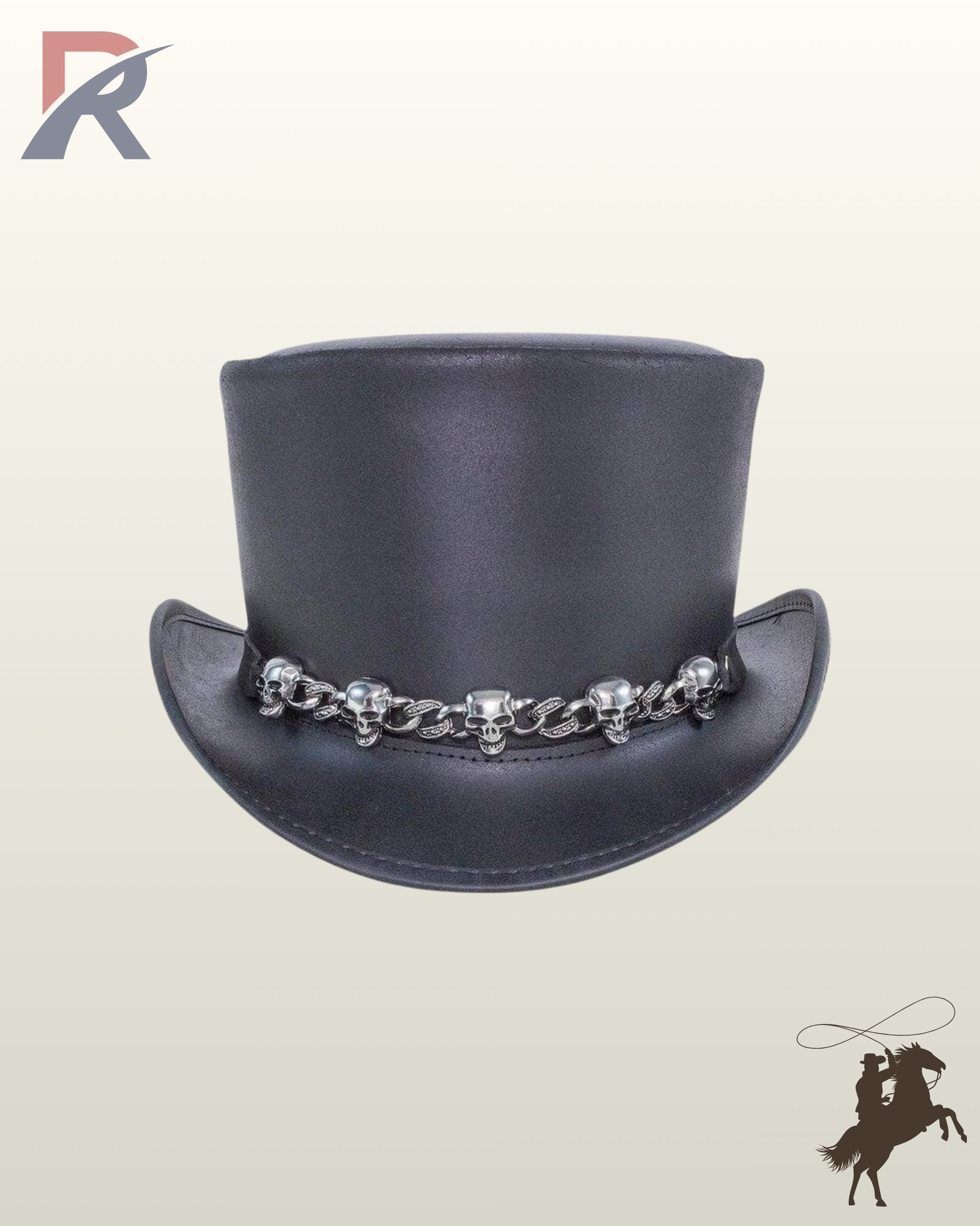 Gothic victorian style black leather top hat displaying a flat crown top, upturned side brims, and polished silver skull hardware.