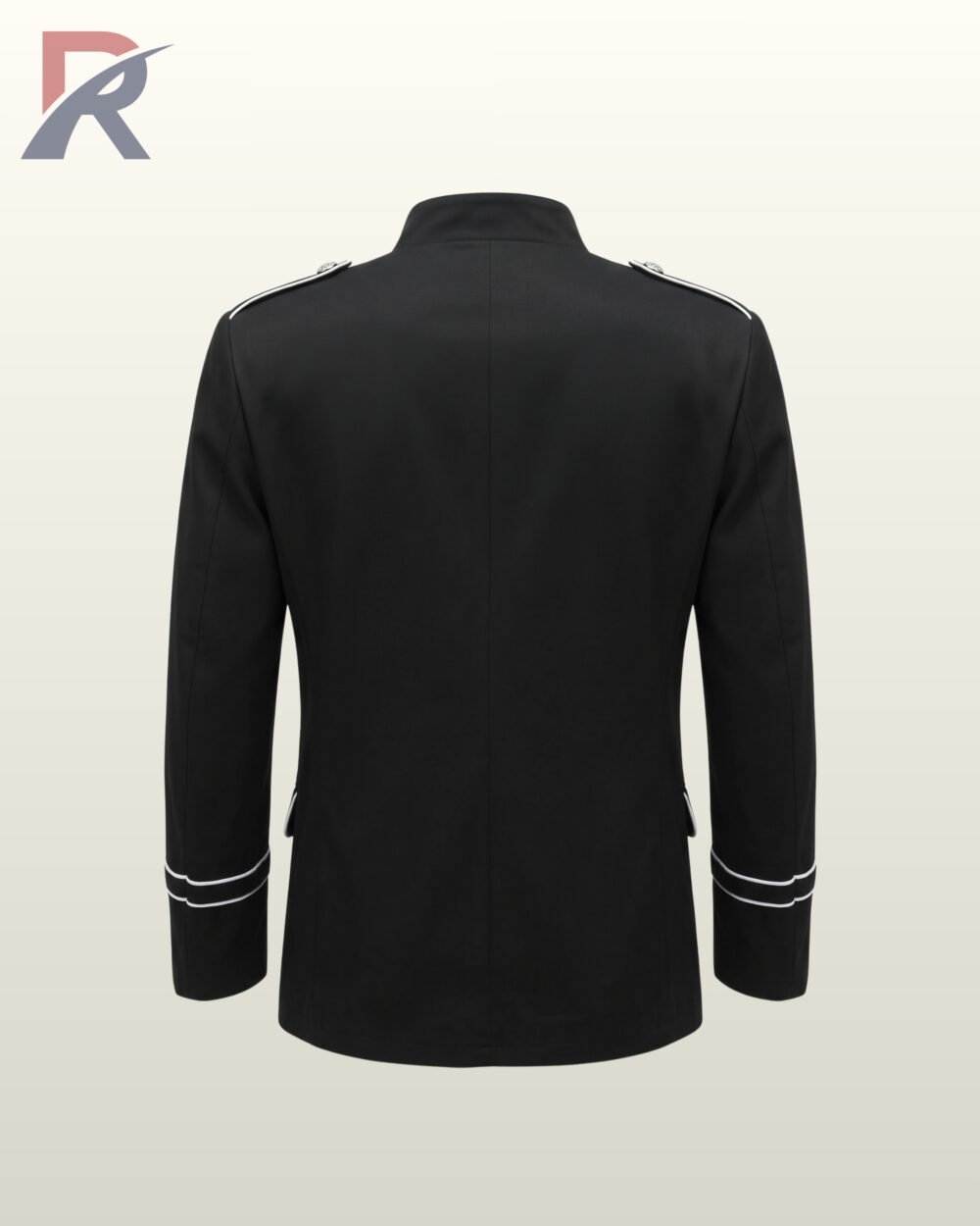 Direct front flat product view of a men's black velvet military officer jacket featuring white contrast piping, standing mandarin collar, and gold brass buttons.