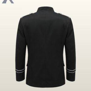 Direct front flat product view of a men's black velvet military officer jacket featuring white contrast piping, standing mandarin collar, and gold brass buttons.