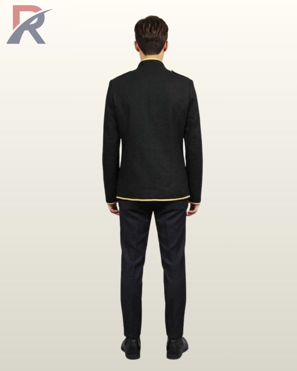 Back perspective of a men's gothic victorian style black hussar jacket showing structured shoulders and gold border trim.