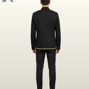 Back perspective of a men's gothic victorian style black hussar jacket showing structured shoulders and gold border trim.