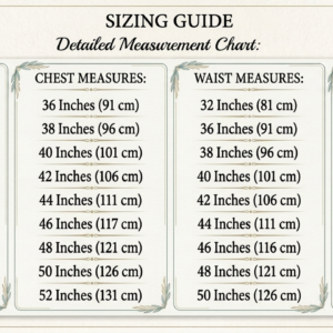 Vintage style size chart graphic for men's fur-trimmed military jackets listing tag sizes XS to 5XL with garment chest, waist, and recommended chest fit.