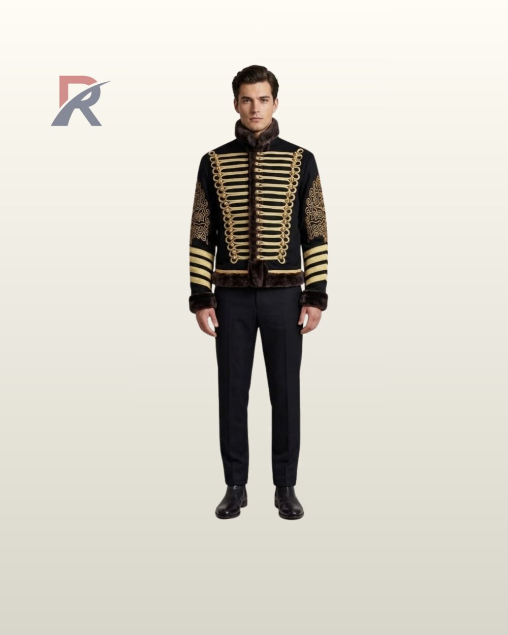 Full front view of a model wearing a men's black military hussar jacket featuring dense gold braided horizontal chest bars, brass dome buttons, and dark fur trim.
