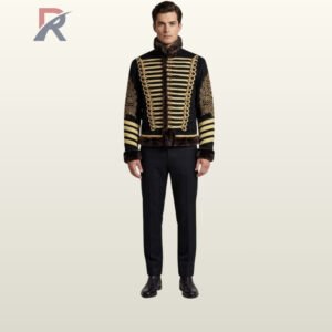 Full front view of a model wearing a men's black military hussar jacket featuring dense gold braided horizontal chest bars, brass dome buttons, and dark fur trim.