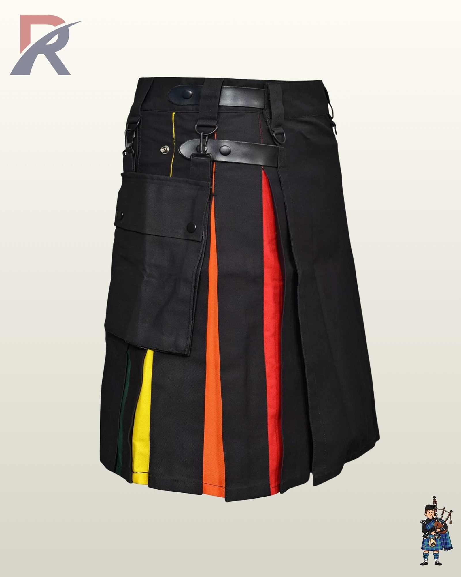 Side-front view of a black hybrid utility kilt displaying multicolor inner pleat reveals and black leather waist straps.