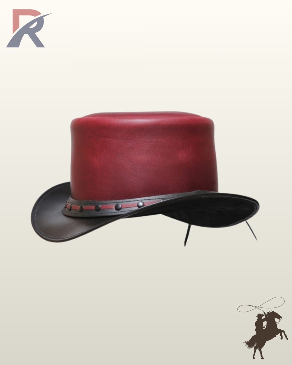 Side profile view of a two-tone steampunk top hat displaying its rich crimson crown, curved black brim, and studded leather hatband.