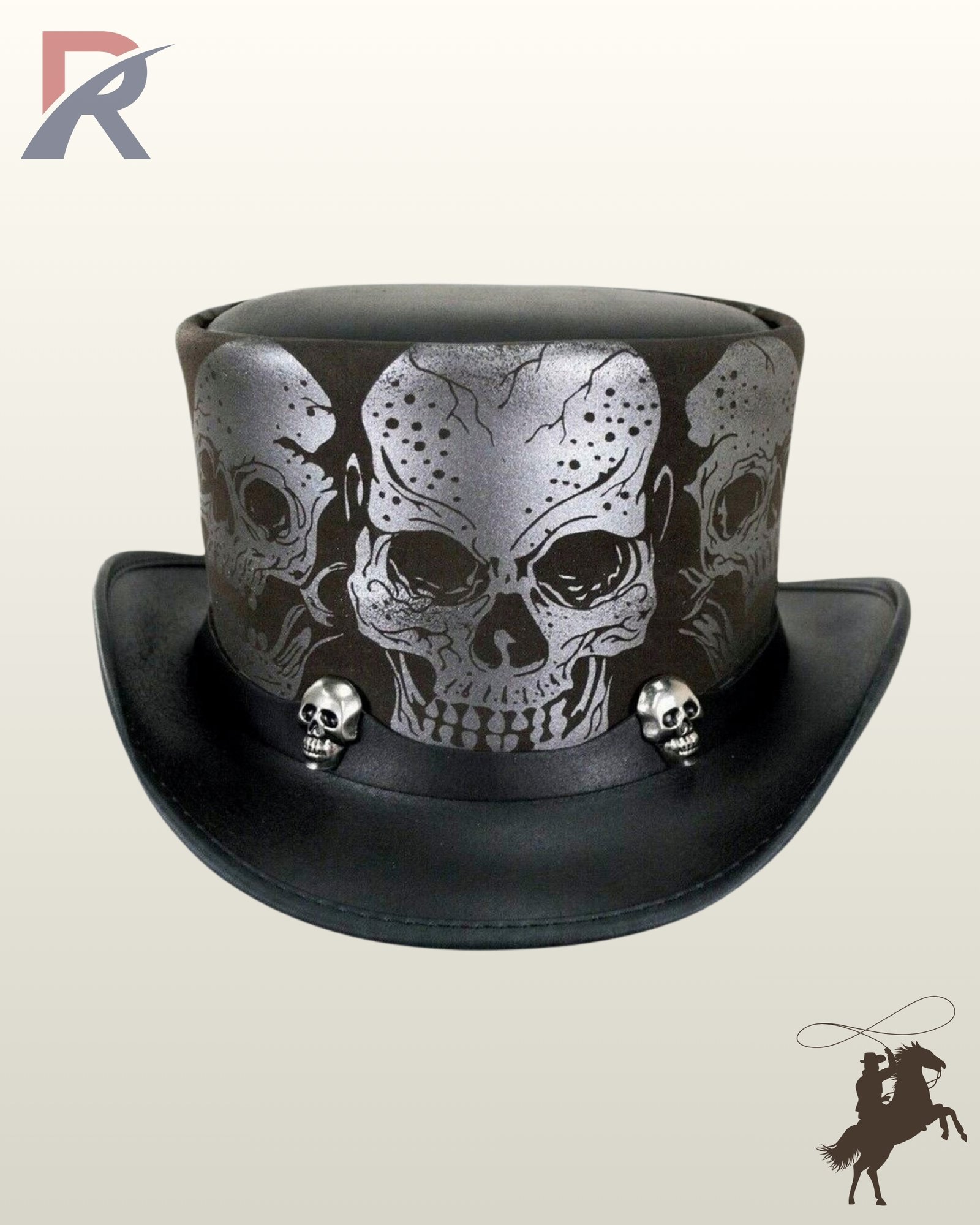 Front view of a black leather steampunk top hat featuring silver printed skull graphics around the crown and small metallic skull studs on the band.