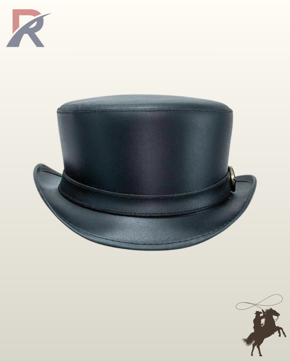 Handcrafted victorian style black leather top hat showing its structured crown, curved brim, and minimalist brass buckle detail.