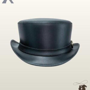 Handcrafted victorian style black leather top hat showing its structured crown, curved brim, and minimalist brass buckle detail.