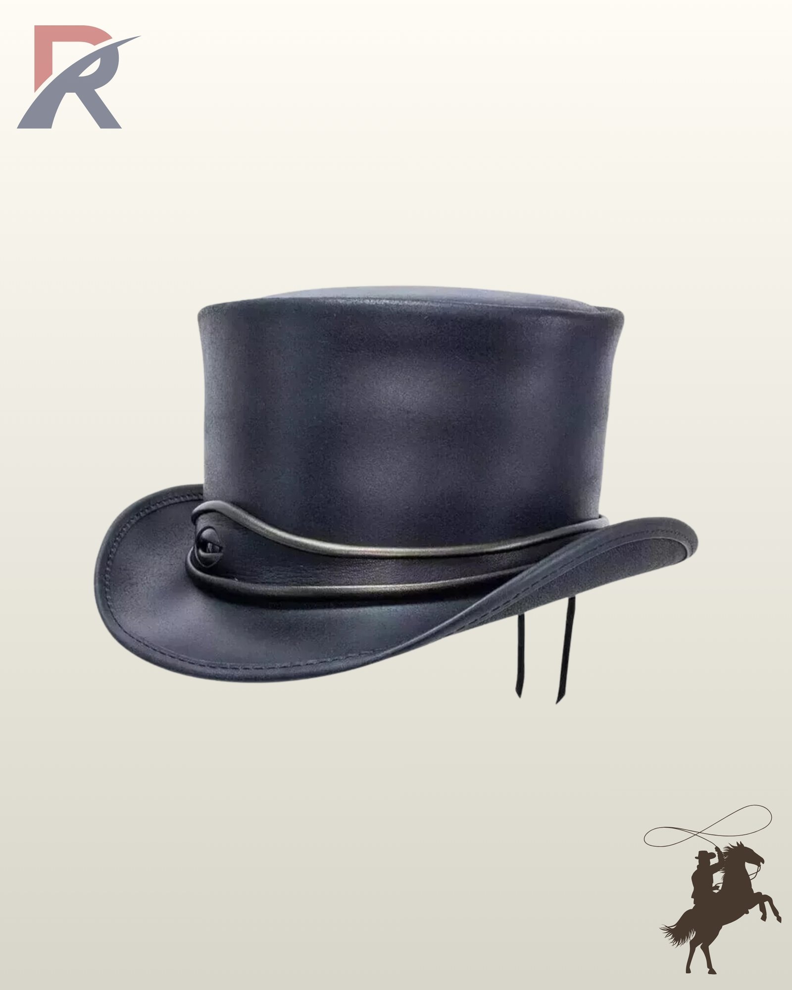 Three-quarter side profile view of a black leather steampunk top hat featuring a dual-band leather trim with an metallic eye concho emblem.
