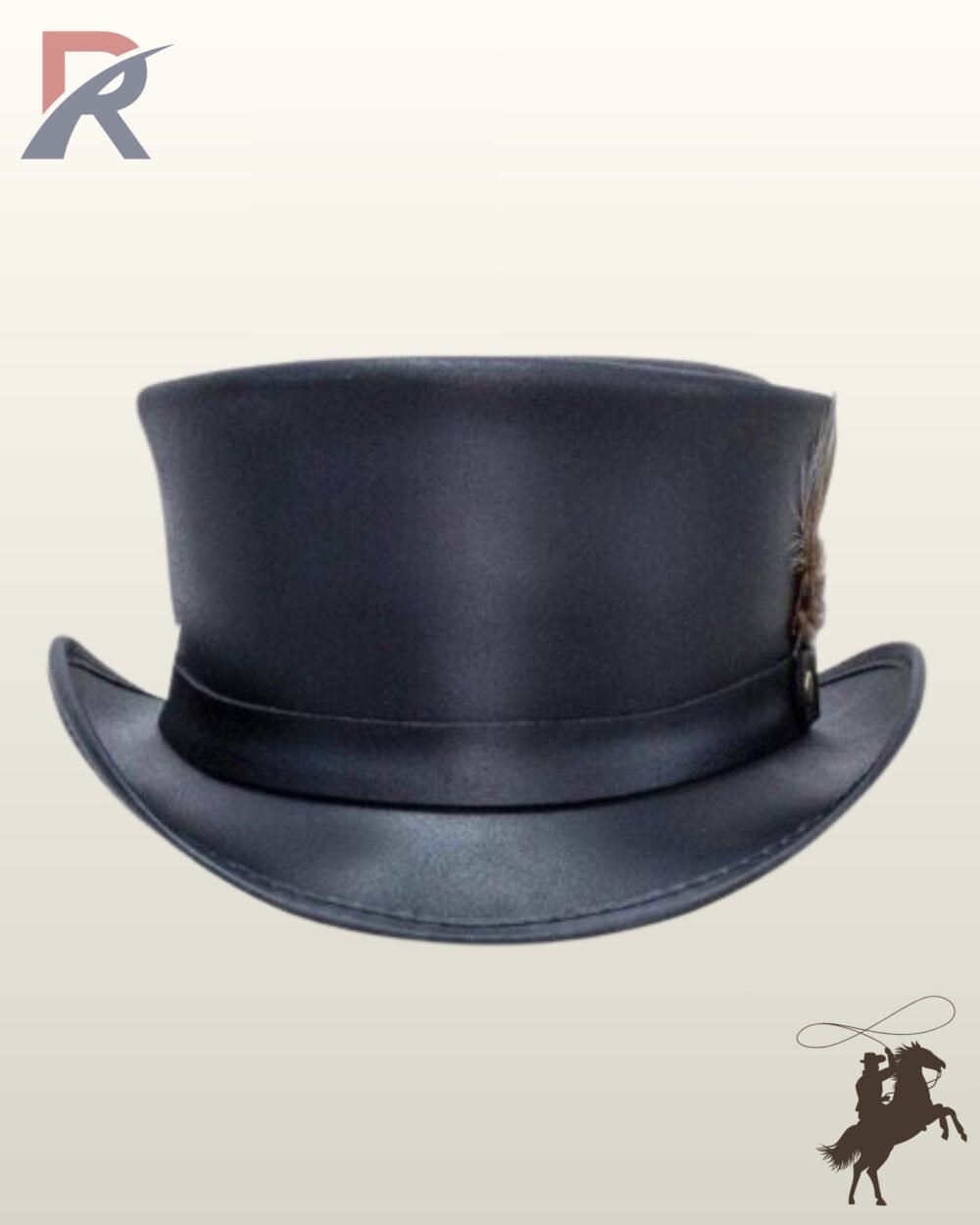 Three-quarter angled view of a black leather steampunk top hat featuring a side feather accent held by a studded leather hatband.