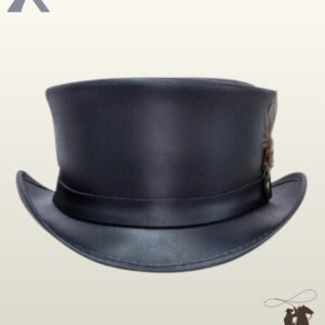 Three-quarter angled view of a black leather steampunk top hat featuring a side feather accent held by a studded leather hatband.