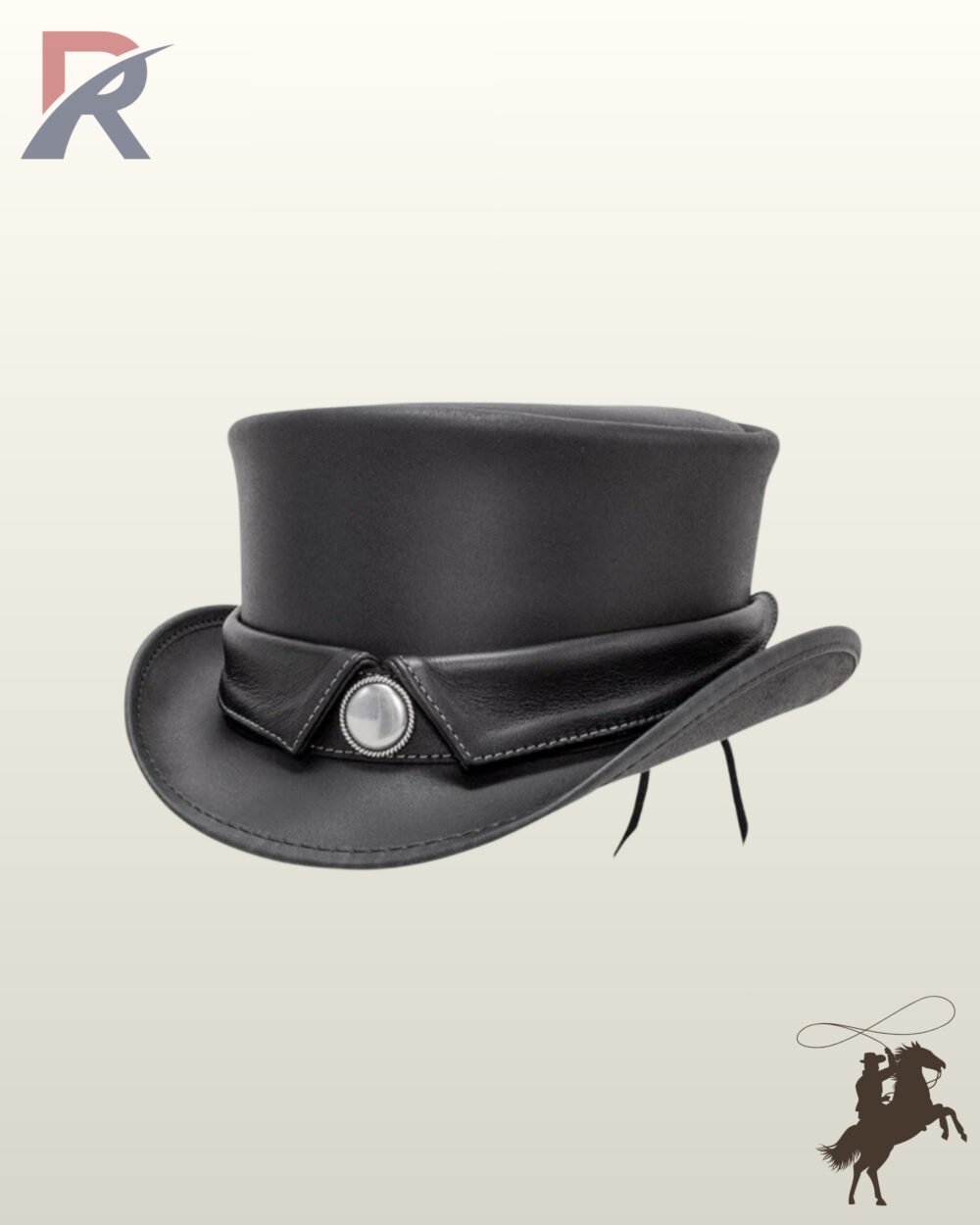 Three-quarter angled view of a black leather steampunk top hat featuring a folded leather collar hatband embellished with a rope-bordered silver concho.