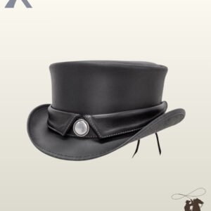 Three-quarter angled view of a black leather steampunk top hat featuring a folded leather collar hatband embellished with a rope-bordered silver concho.