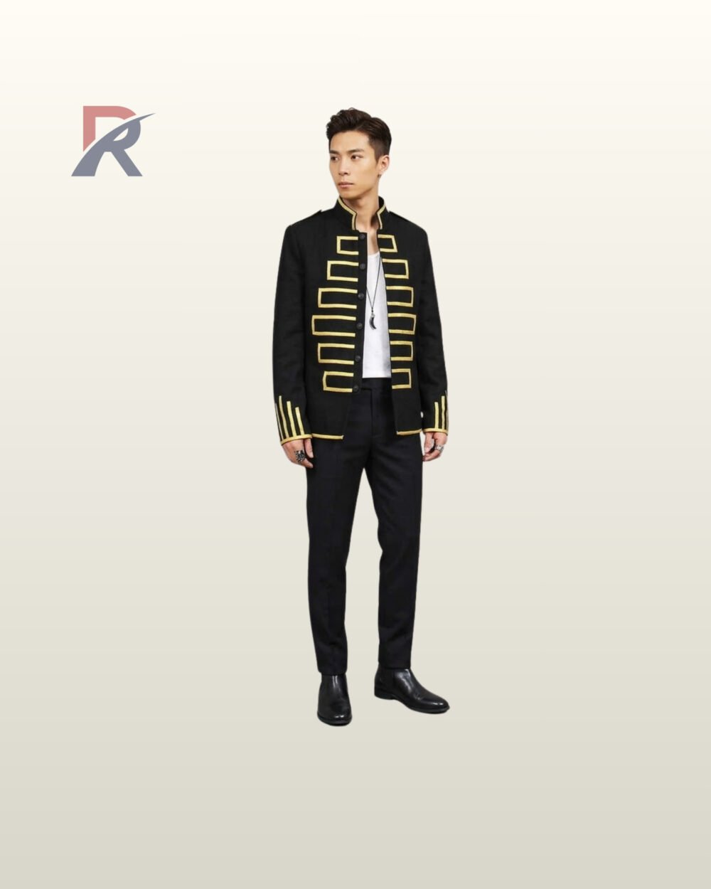 Men's gothic victorian style black parade tunic jacket featuring open-front rectangular gold embroidery, mandarin collar, and gold-trimmed hem.