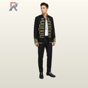 Men's gothic victorian style black parade tunic jacket featuring open-front rectangular gold embroidery, mandarin collar, and gold-trimmed hem.