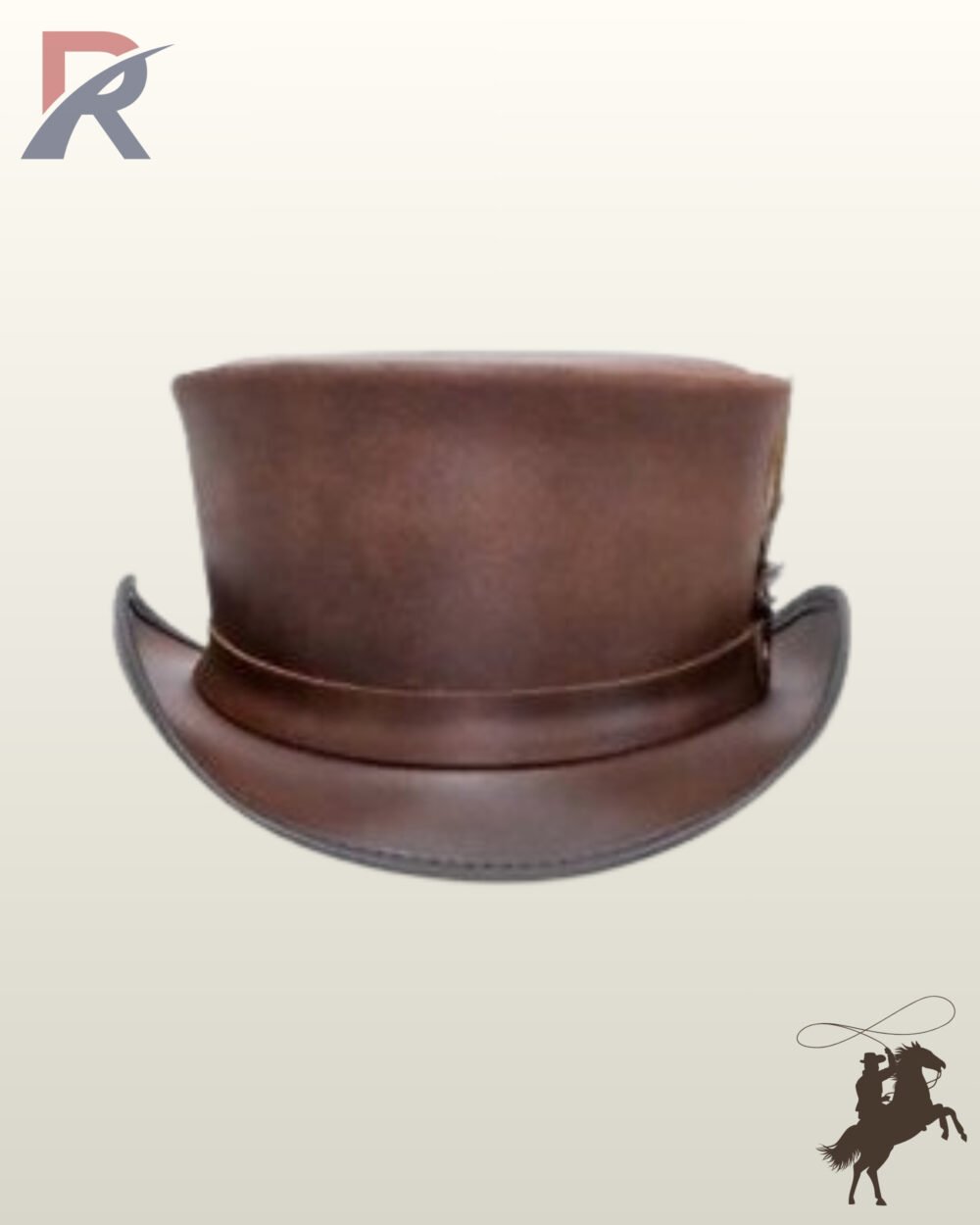 Handcrafted brown leather gothic top hat showing its tall structured crown and subtle side feather embellishment.