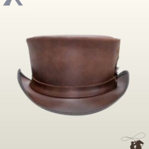 Handcrafted brown leather gothic top hat showing its tall structured crown and subtle side feather embellishment.