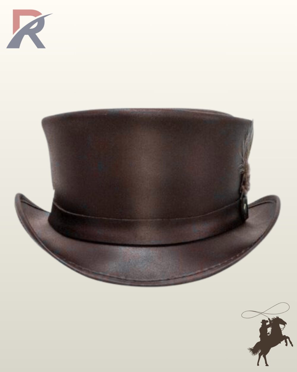 Handcrafted victorian style brown leather top hat displaying its smooth crown, curved brim, and natural side feather embellishment.