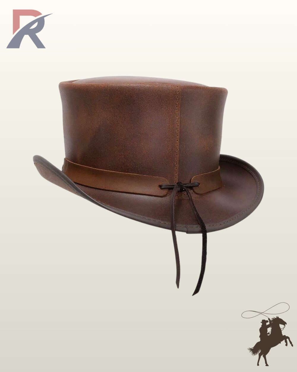 Handcrafted victorian style brown leather top hat displaying its smooth structured crown, curved brim, and knotted rear leather ties.