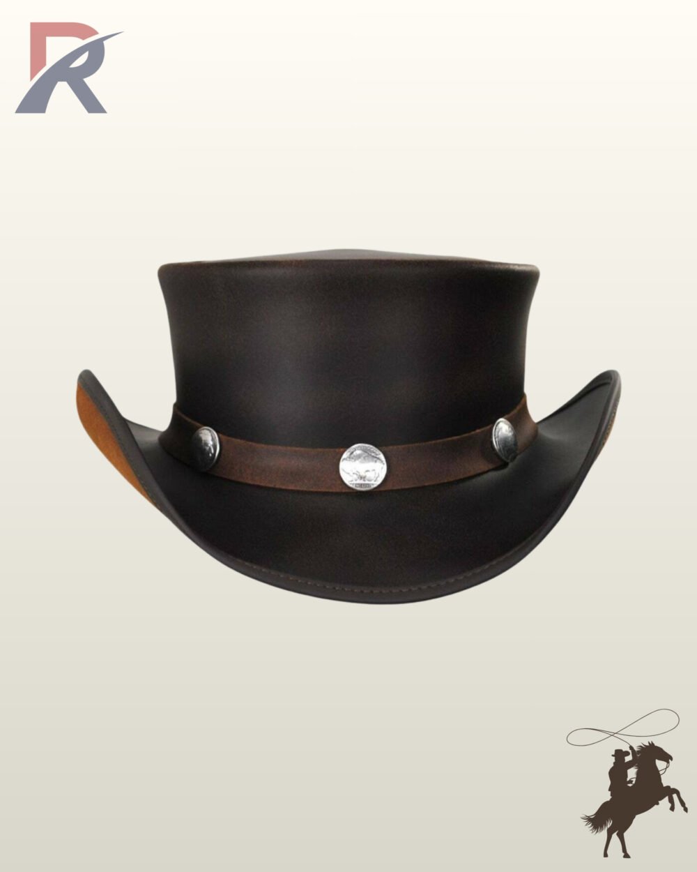 Gothic Victorian style Black leather top hat featuring a tall crown, upturned side brims, and silver concho studs.
