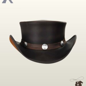 Gothic Victorian style Black leather top hat featuring a tall crown, upturned side brims, and silver concho studs.