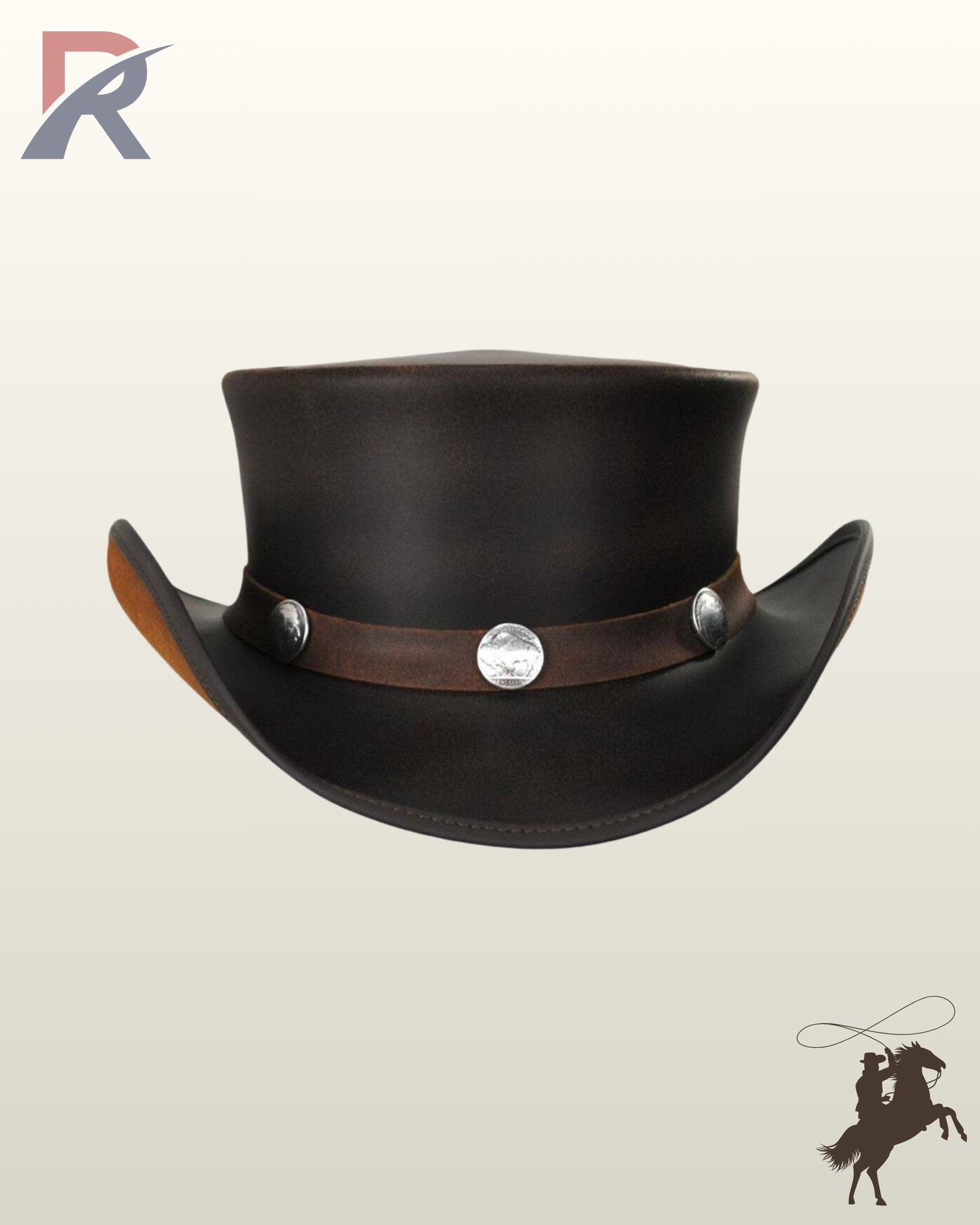 Gothic Victorian style Black leather top hat featuring a tall crown, upturned side brims, and silver concho studs.