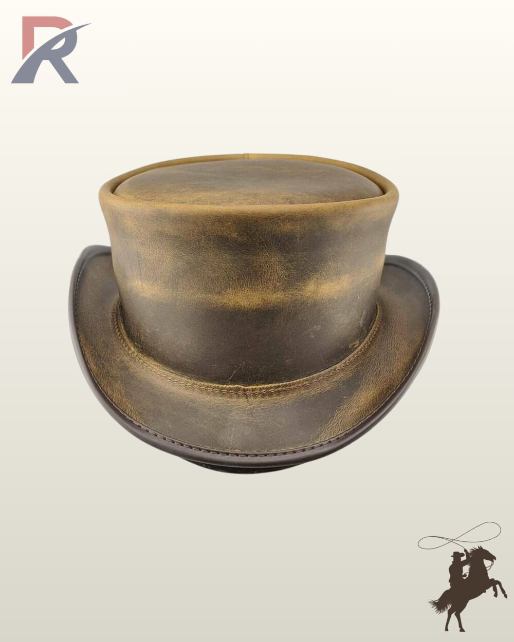Gothic victorian style top hat crafted from weathered tan leather displaying a flat crown top and dark brown stitched brim trim.