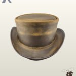 Gothic victorian style top hat crafted from weathered tan leather displaying a flat crown top and dark brown stitched brim trim.