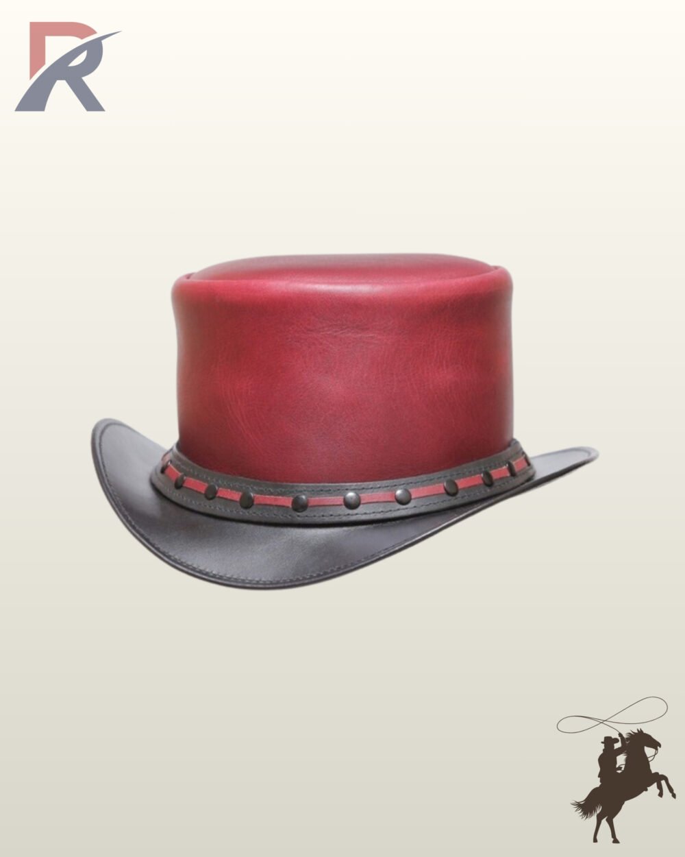 Handcrafted victorian style top hat crafted from red and black genuine leather featuring a red woven accent strap and black domed rivets.