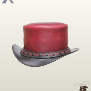 Handcrafted victorian style top hat crafted from red and black genuine leather featuring a red woven accent strap and black domed rivets.