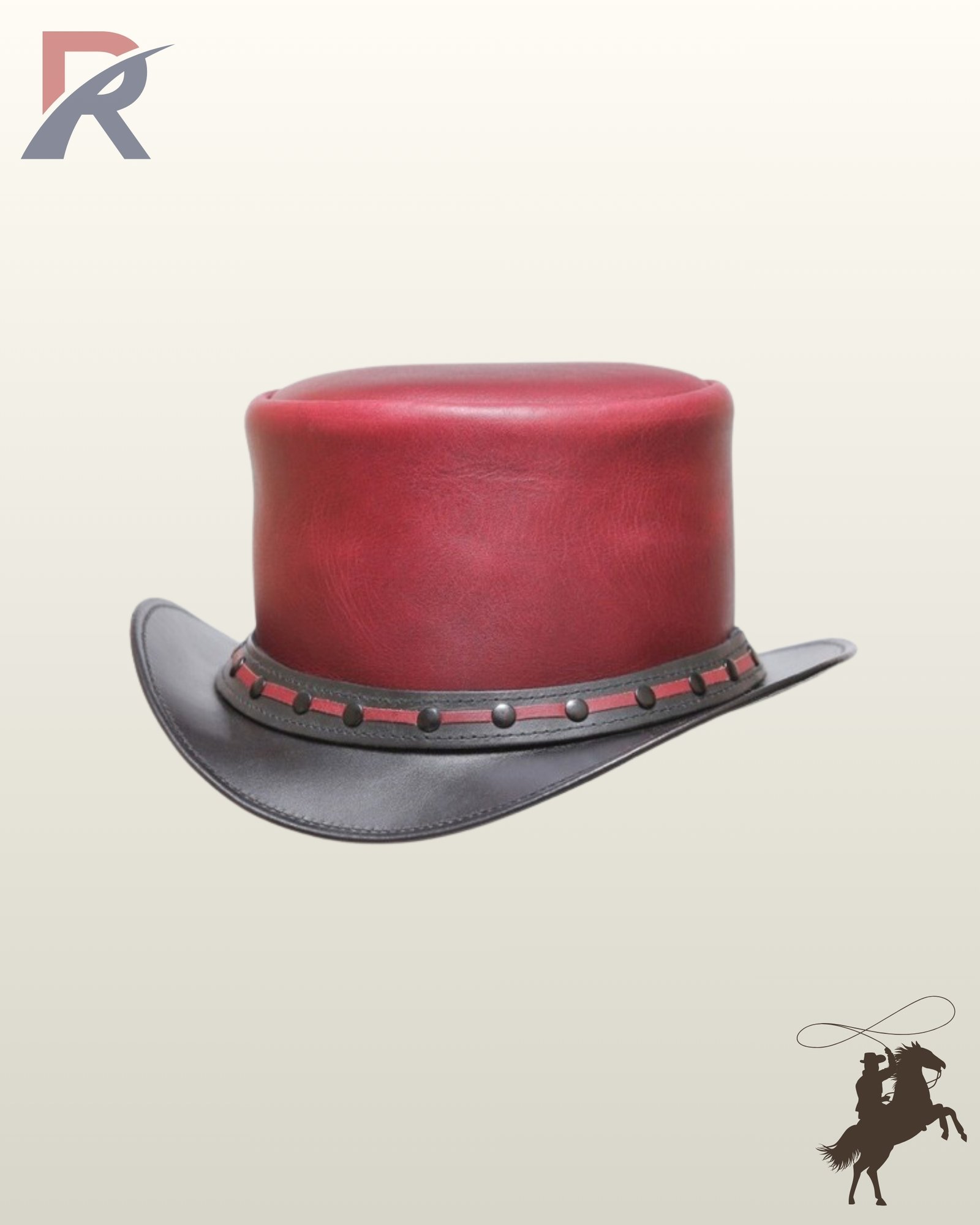 Handcrafted victorian style top hat crafted from red and black genuine leather featuring a red woven accent strap and black domed rivets.