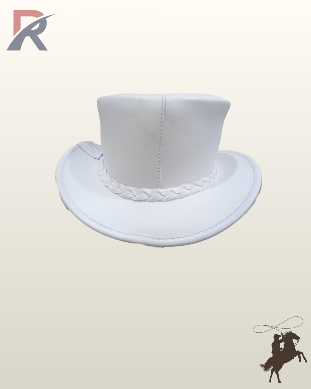 Handcrafted victorian style white leather top hat showing its smooth crown, braided band trim, and curved brim rear profile.