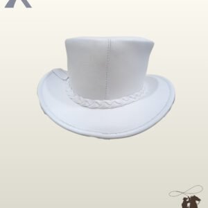 Handcrafted victorian style white leather top hat showing its smooth crown, braided band trim, and curved brim rear profile.