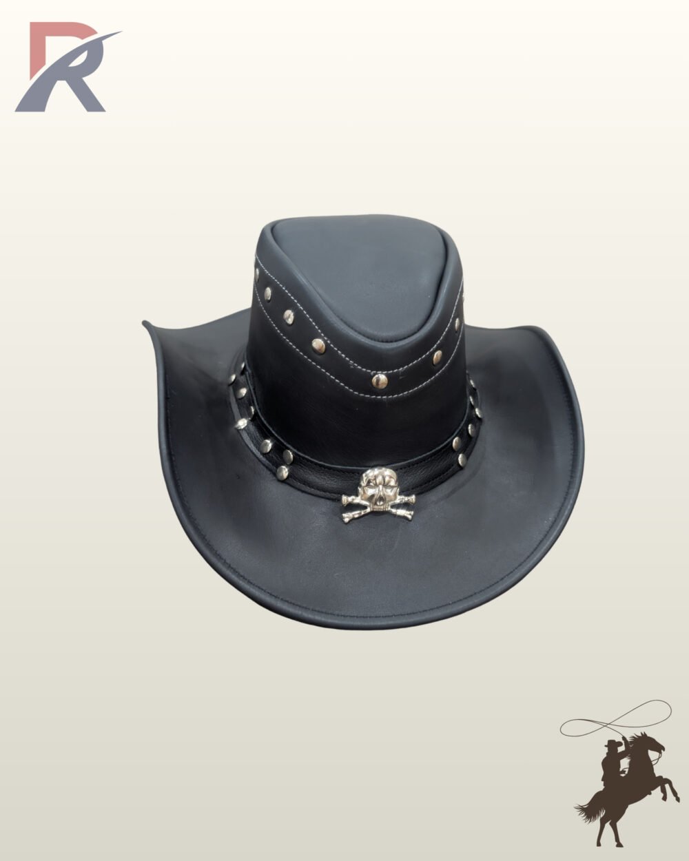 Front view of a black leather western outback cowboy hat featuring a central silver skull and crossbones emblem across a studded leather band.