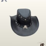 Front view of a black leather western outback cowboy hat featuring a central silver skull and crossbones emblem across a studded leather band.