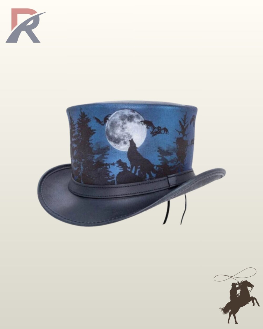 Side profile view of a leather steampunk top hat featuring a howling wolf silhouette under a full moon, forest trees, and flying bats print.