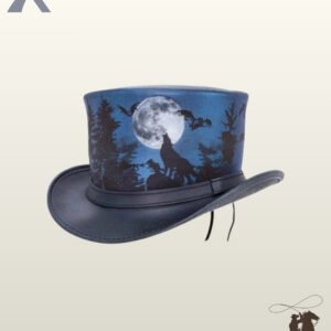 Side profile view of a leather steampunk top hat featuring a howling wolf silhouette under a full moon, forest trees, and flying bats print.