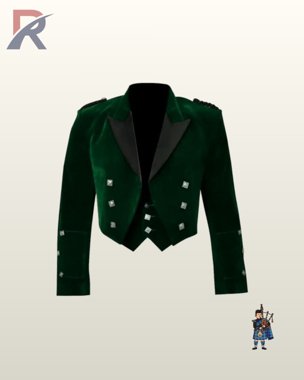 Traditional men's dark green velvet formal highland jacket set featuring braided shoulder epaulets and silver button detailing.