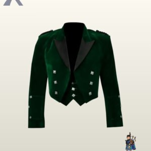 Traditional men's dark green velvet formal highland jacket set featuring braided shoulder epaulets and silver button detailing.