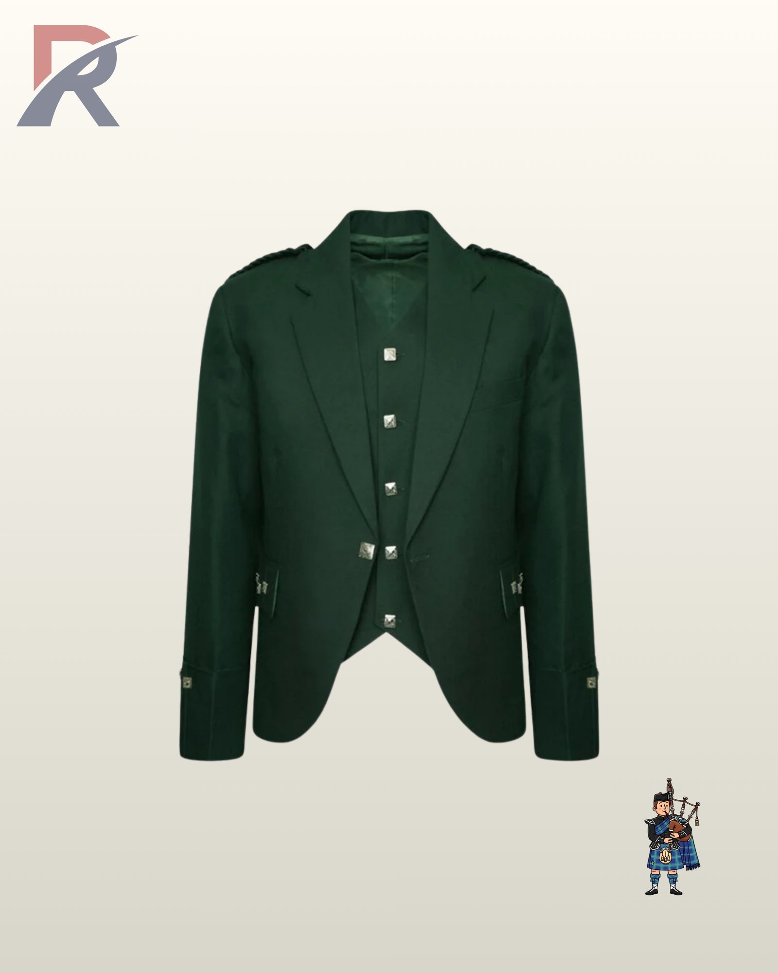 Traditional Scottish men's dark green Argyle highland dress jacket featuring gauntlet cuffs, epaulets, and a 5-button vest.