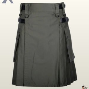 Men's dark grey canvas tactical kilt styled with flap-closure cargo pouches and waistband hardware.
