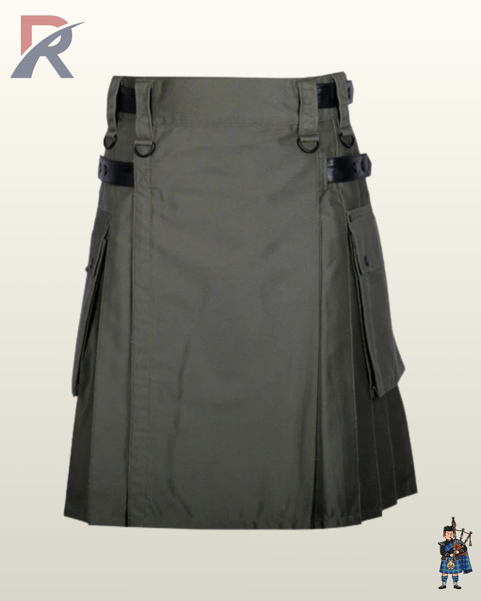 Men's dark grey canvas tactical kilt styled with flap-closure cargo pouches and waistband hardware.