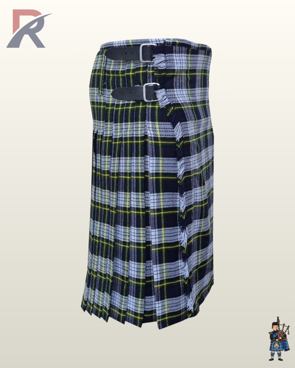 High-quality Grey Stewart tartan kilt showing crisp side pleating and double buckle closures.