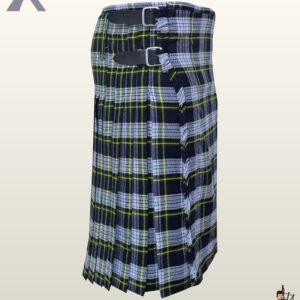 High-quality Grey Stewart tartan kilt showing crisp side pleating and double buckle closures.