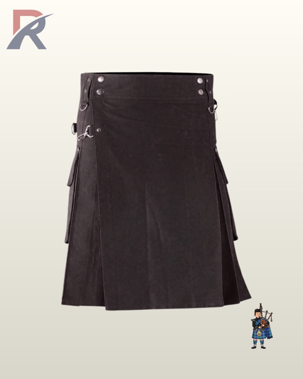 Gothic-style men's black utility kilt featuring adjustable eyelet straps and silver metallic hardware.