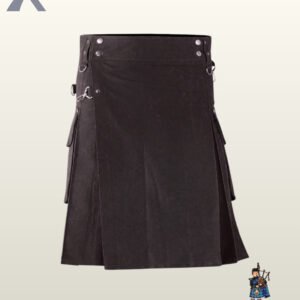 Gothic-style men's black utility kilt featuring adjustable eyelet straps and silver metallic hardware.