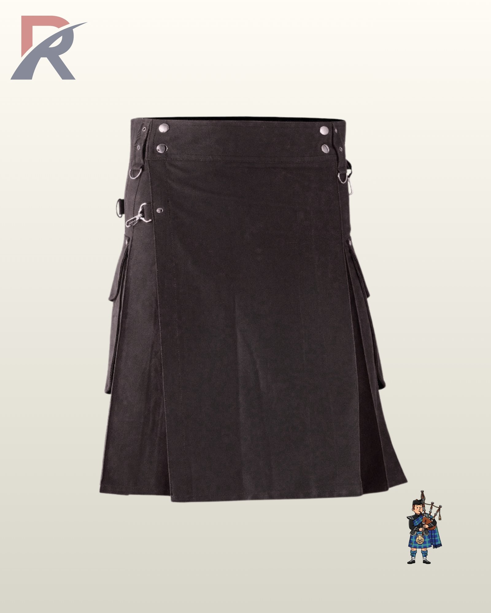 Gothic-style men's black utility kilt featuring adjustable eyelet straps and silver metallic hardware.